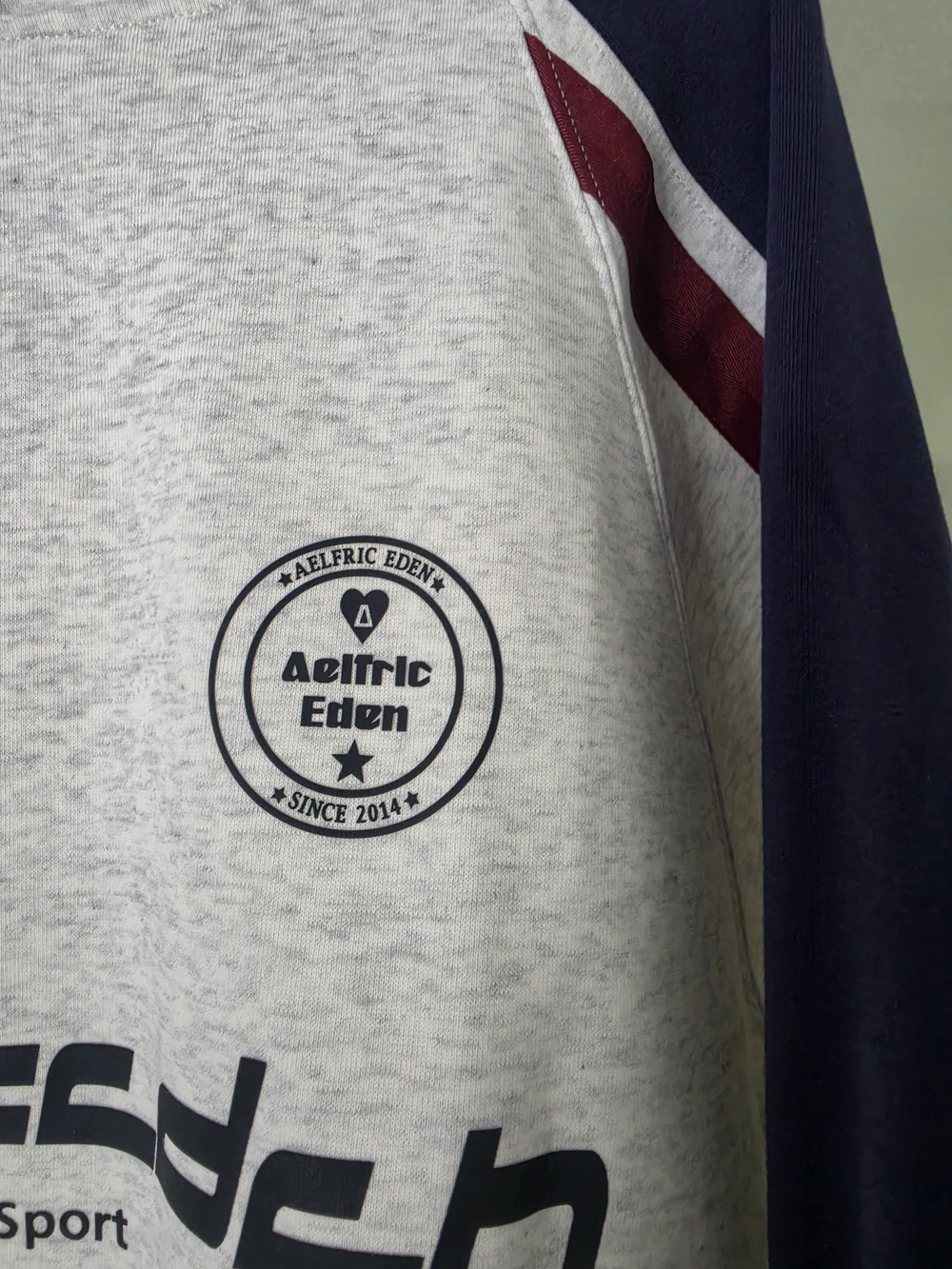 Street Sport Womens Grey Pullover Hoodie with Navy & Burgundy Accents - Picture 3 of 7